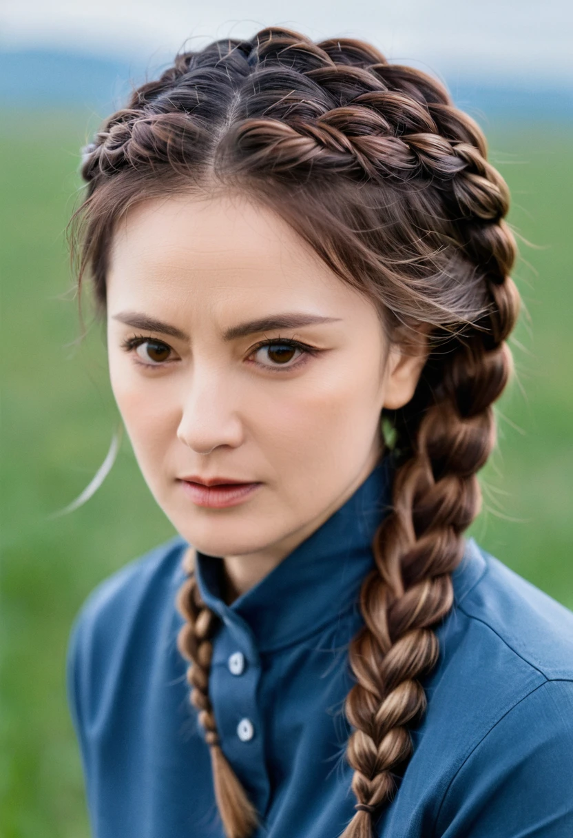Movie Poster,Single,Most Real,Highest Resolution,Face Resolution,(((Braid Hairstyle: 1.5)),Science Fiction,Sci-Fi,Based on the movie Foundation,View from Front,Angry,Middle-aged Adults,40-Year-Old Women,Black One-Sided Hairstyle,Brown Eyes,(Reference to White Scientist Set :1.5),Filed in the middle of an open meadow with a breeze blowing,Top quality images
