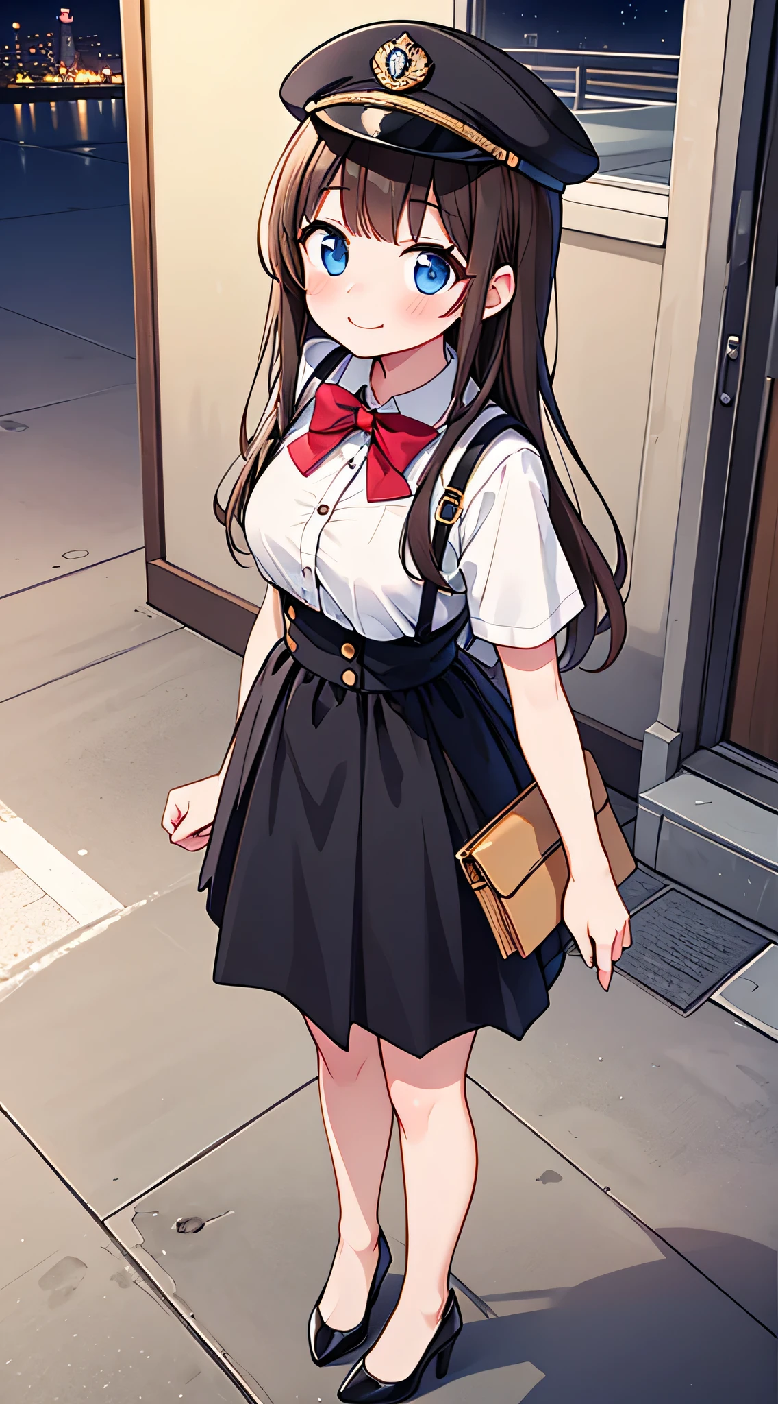 {Highest quality}, {Super beautiful},{Ultra fine},{Best illustration},Brown Hair,Hime cut,semi-long,Bangs,Standing Woman,Uniform cap,White Shirt,Short sleeve,Long black skirt,Night Park,Embarrassed,smilingly,Blushing,Slender women, A woman wearing plain black pumps,Bare feet and pumps,From an angle,From above