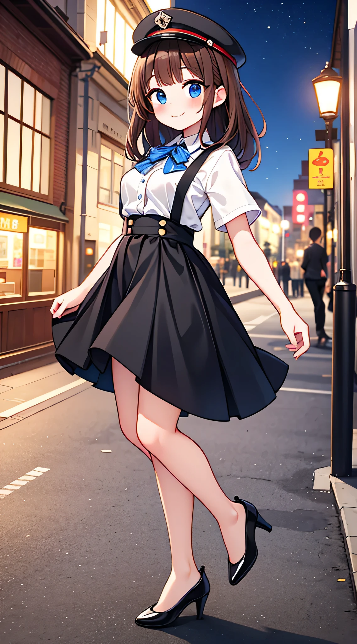 {Highest quality}, {Super beautiful},{Ultra fine},{Best illustration},Brown Hair,Hime cut,semi-long,Bangs,Standing Woman,Uniform cap,White Shirt,Short sleeve,Long black skirt,Night Park,Embarrassed,smilingly,Blushing,Slender women, A woman wearing plain black pumps,Bare feet and pumps,From an angle,From above