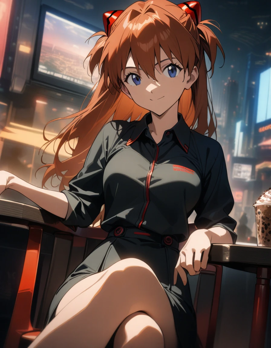 "1girl, Asuka Langley Soryu, Neon Genesis Evangelion, medium breast, red hair clips, stylish cafe,sitting on the chair,crossing legs,lovely smile,futuristic town, collared shirt dress, masterpiece, best quality, very aesthetic, absurdres, detailed face, cowboy shot, daytime, neo-tokyo-3 skyline"