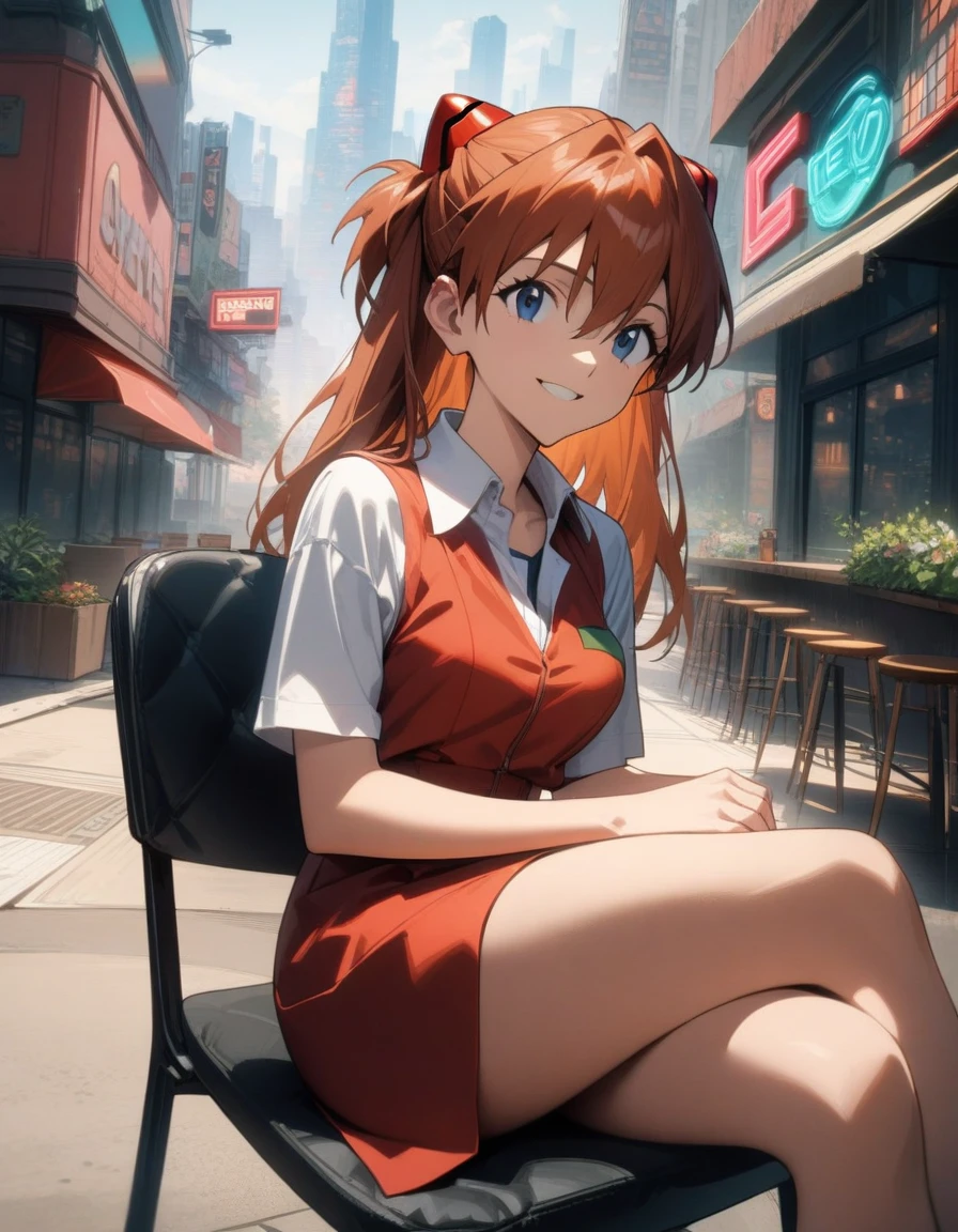 "1girl, Asuka Langley Soryu, Neon Genesis Evangelion, medium breast, red hair clips, stylish cafe,sitting on the chair,crossing legs,lovely smile,futuristic town, collared shirt dress, masterpiece, best quality, very aesthetic, absurdres, detailed face, cowboy shot, daytime, neo-tokyo-3 skyline"