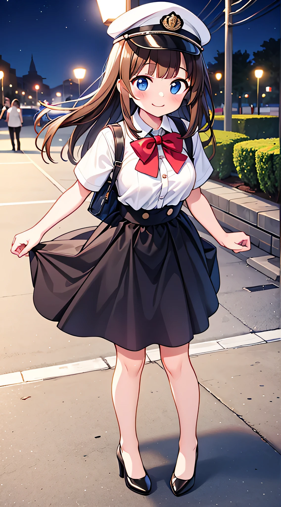 {Highest quality}, {Super beautiful},{Ultra fine},{Best illustration},Brown Hair,Hime cut,semi-long,Bangs,Standing Woman,Uniform cap,White Shirt,Short sleeve,Long black skirt,Night Park,Embarrassed,smilingly,Blushing,Slender women, A woman wearing plain black pumps,Bare feet and pumps,From an angle,From above