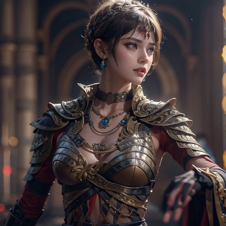 Woman in ancient battle attire、Serious expression、Short-haired、Deadly position, Gorgeous Necklace, Beautiful and seductive woman, Realistic and perfect body, Perfect body with realistic shadows, A woman with reptilian eyes and fangs:1.5、8K