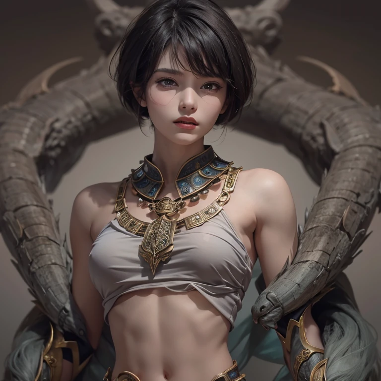 Woman in ancient battle attire、Serious expression、Short-haired、Deadly position, Gorgeous Necklace, Beautiful and seductive woman, Realistic and perfect body, Perfect body with realistic shadows, A woman with reptilian eyes and fangs:1.5、8K