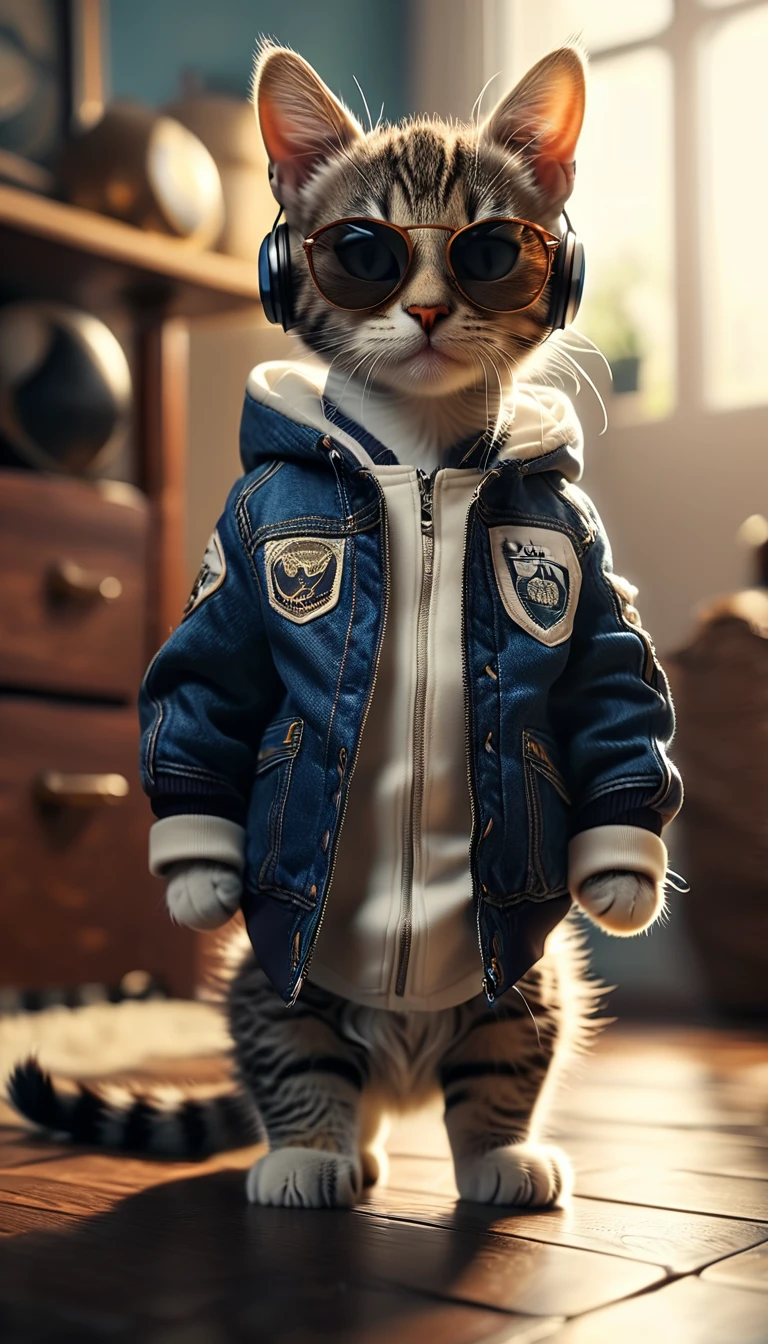 Perfect centering, cute little cat, Wear a jacket, Wearing sunglasses, Wearing headphones, cheerfulness, Standing position, Abstract beauty, Centered, Looking at the camera, Facing the camera, nearing perfection, Dynamic, Highly detailed, smooth, Sharp focus, 8K