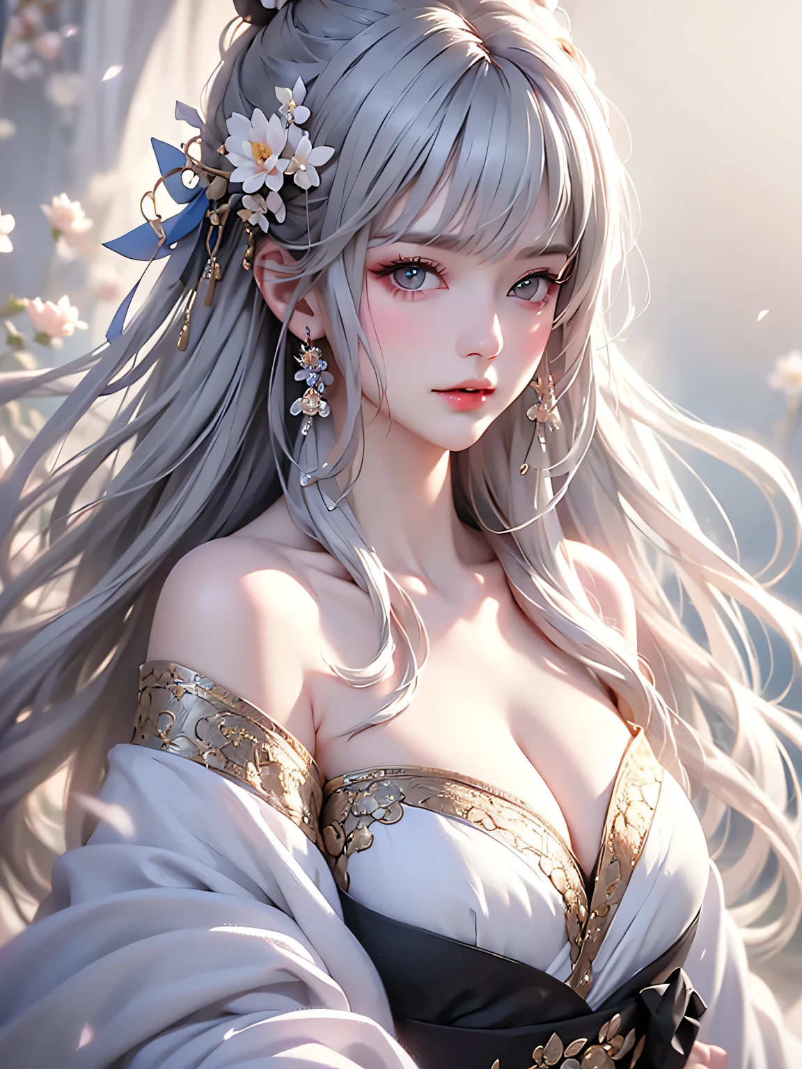 super high quality, masterpiece, Perfect illustration, Very detailed、8k wallpaper, Very detailed (Exquisite light and shadow, Very dramatic photo,Backlight) , ((Gray Hair:1.5))1 Girl, alone, (Wearing Han clothes, Royalty、Black and white Hanfu,Thick fabric,Long sleeve) Flower Field, Flowers, (White smoke:1.3) (Realistic:1.4), (Dynamic Angle: 1.4), Glowing Skin, (Floating colorful flashes: 1) The most beautiful chaotic shapes, elegant, Brutalist Design, Bright colors, Romantic Depth of Field Exotic_dance, half_naked、((Off the shoulder、Medium Chest、Beautiful cleavage))Touching lips