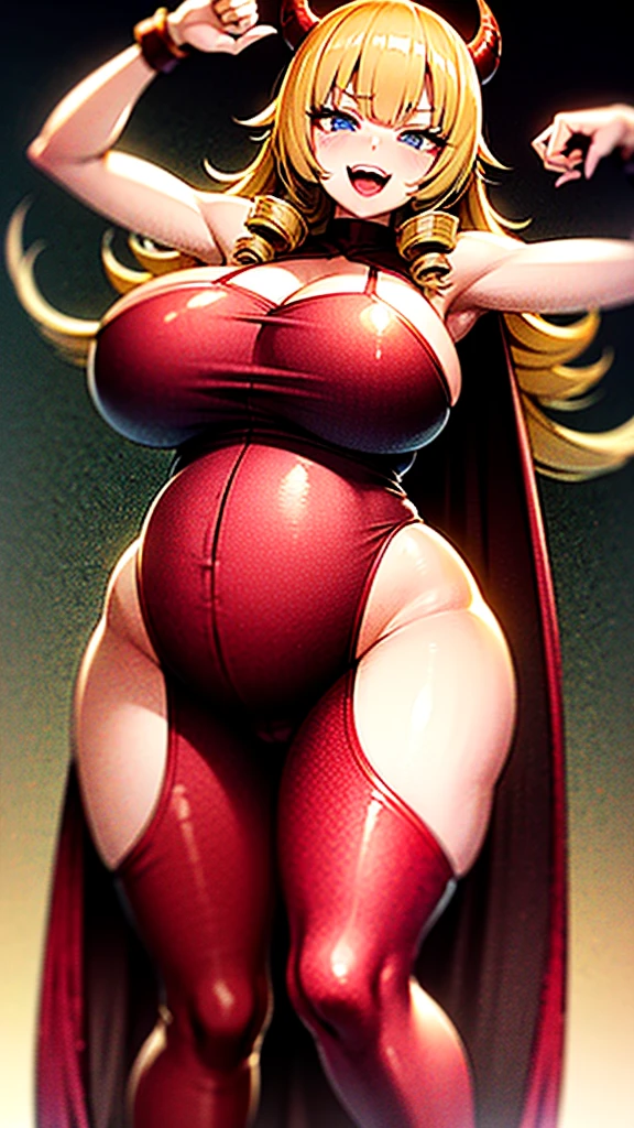 (Insanely detailed super accurate anime illustration),ultra cool girl character,demon queen, pregnancy, Sexy Red maternity dress, black cape,blonde long drill hair,cute huge belly,laugh,