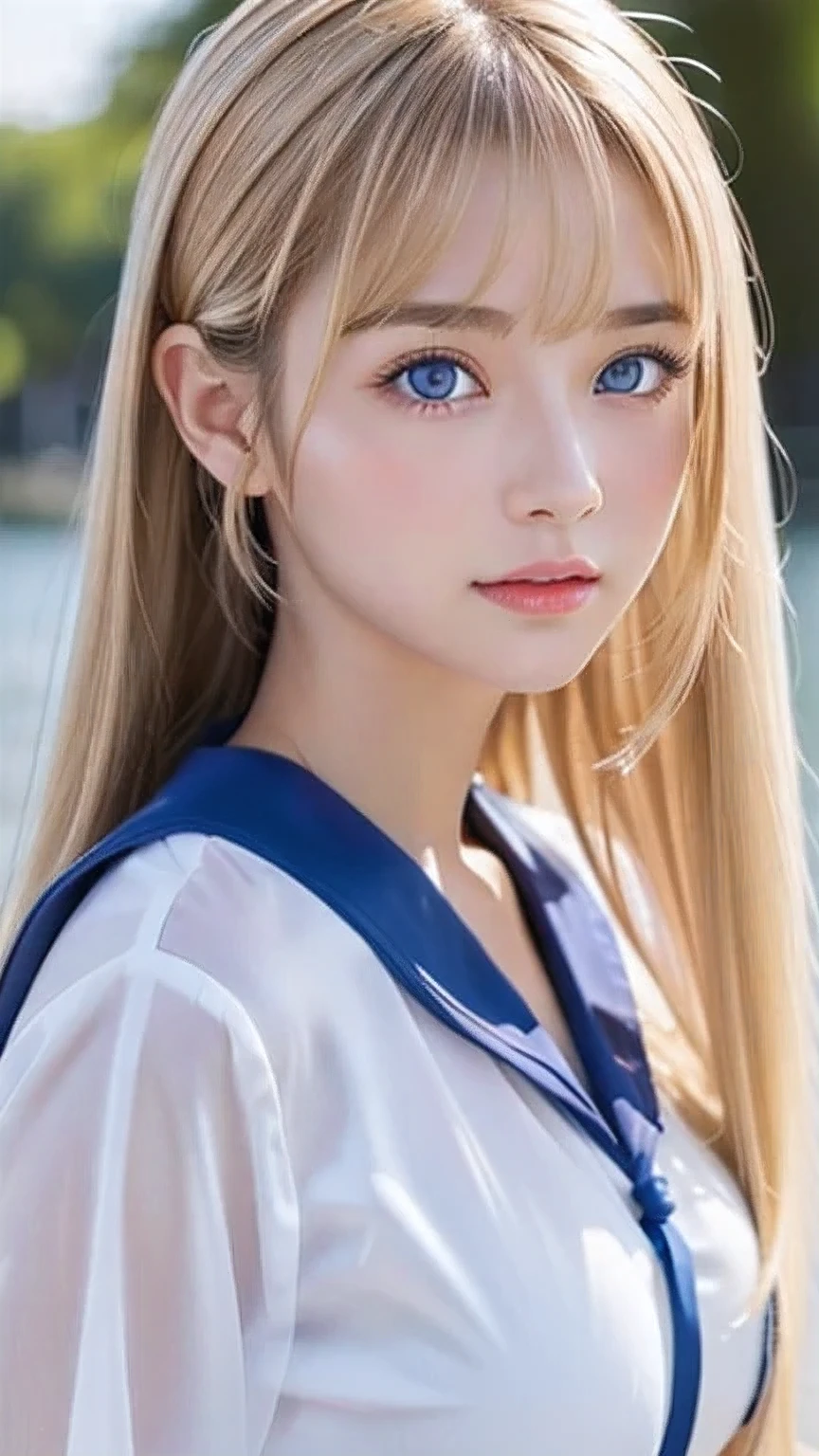15 year old beautiful blonde girl、A beautiful girl、Very adorable face、Very lovely face、Bright expression、Authentic photo quality、Extraordinary sexy beauty、white, Shiny smooth Very white and bright skin、 ponytail、beautiful bangs、((Smooth, shiny, super long, natural blonde)),Super long, straight, silky hair、Looking at the camera、Very perfect cute beautiful sexy young tiny woman、Very perfect beautiful and cute face、beautiful, clear, Big eyes、Light blue eyes、Big and ample breasts、、Japanese Sailor Suit、Pretty face、Small Face Beauty、Gloss Face、Cheek gloss、Big, bright, marine blue eyes