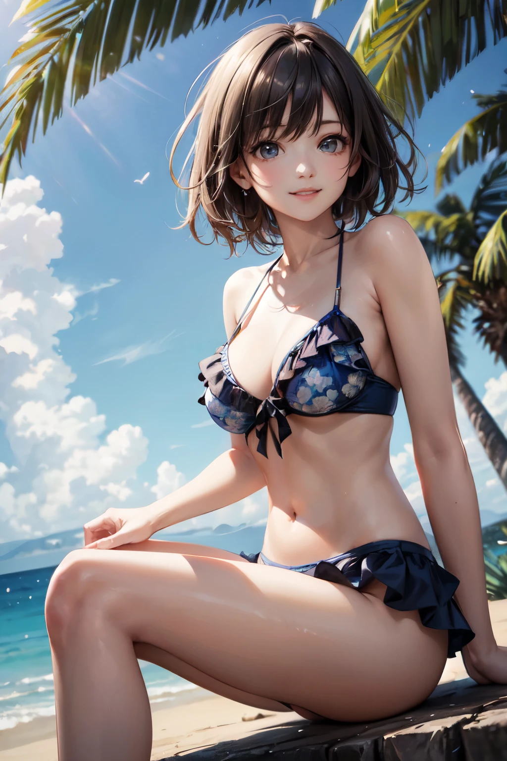 very cute and beautiful girl,(highly detailed beautiful face),(frilled floral pattern blue and white bikini),
sitting,beautiful legs,beach,tropical resort,trees,(smile),happy,looking at viewer,black hair,
(best quality,masterpiece),absurdres,highres,ultra-detailed,extremely detailed,32k,
cinematic scene,detailed background,solo,dynamic angle,
hair fluttering in the wind,beautiful detailed sky,realistic,