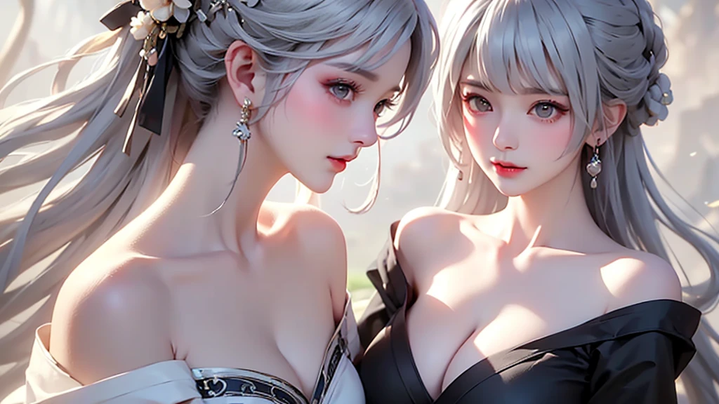 super high quality, masterpiece, Perfect illustration, Very detailed、8k wallpaper, Very detailed (Exquisite light and shadow, Very dramatic photo,Backlight) , ((Gray Hair:1.5))1 Girl, alone, (Wearing Han clothes, Royalty、Black and white Hanfu,Thick fabric,Long sleeve) Flower Field,, (White smoke:1.3) (Realistic:1.4), (Dynamic Angle: 1.4), Glowing Skin, (Floating colorful flashes: 1) The most beautiful chaotic shapes, elegant, Brutalist Design, Bright colors, Romantic Depth of Field Exotic_dance, half_naked、((Off the shoulder、Medium Chest、Beautiful cleavage))Touching lips