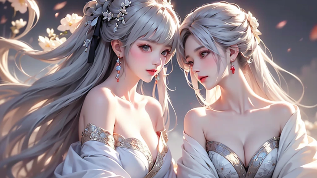 super high quality, masterpiece, Perfect illustration, Very detailed、8k wallpaper, Very detailed (Exquisite light and shadow, Very dramatic photo,Backlight) , ((Gray Hair:1.5))1 Girl, alone, (Wearing Han clothes, Royalty、Black and white Hanfu,Thick fabric,Long sleeve) Flower Field,, (White smoke:1.3) (Realistic:1.4),  (Dynamic Angle: 1.4), Glowing Skin, (Floating colorful flashes: 1) The most beautiful chaotic shapes, elegant, Brutalist Design, Bright colors, Romantic Depth of Field Exotic_dance, half_naked、((Off the shoulder、Medium Chest、Beautiful cleavage))Touching lips