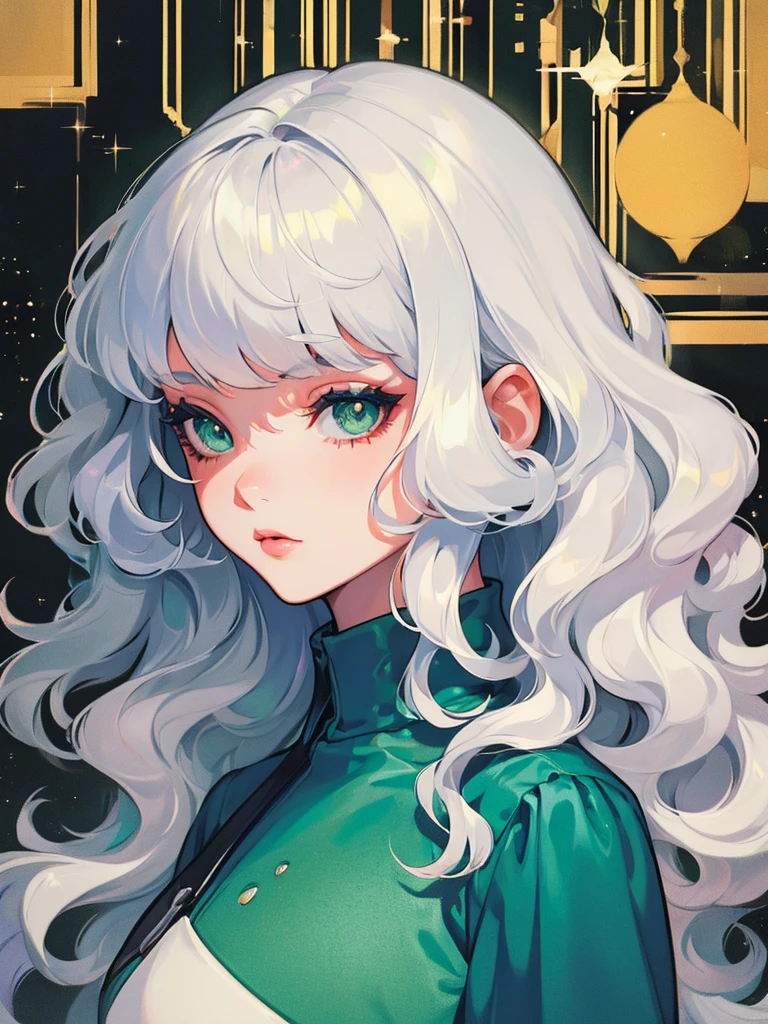 (masterpiece, best quality), 1 person, beautiful woman, wavy hair, Bob hair, silver hair, green eyes, Sparkling eyes, cute, Dress, white dress, Lolita,