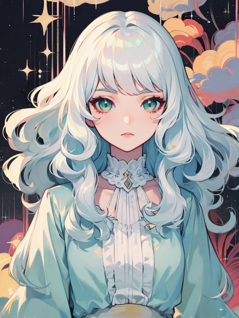 (masterpiece, best quality), 1 person, beautiful woman, wavy hair, Bob hair, silver hair, green eyes, Sparkling eyes, cute, Dress, white dress, Lolita,