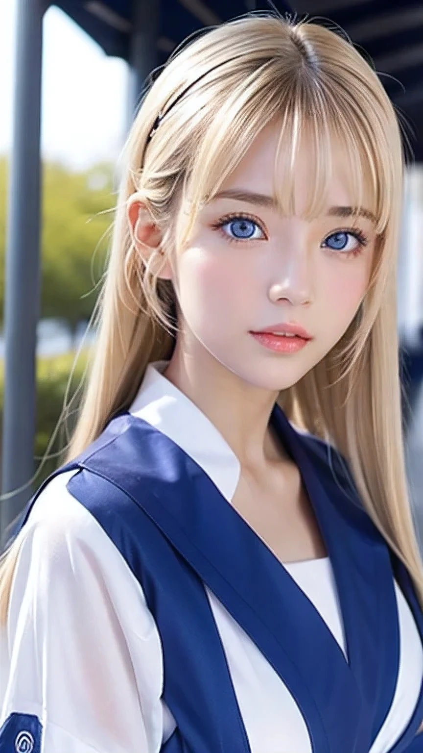 15 year old beautiful blonde girl、A beautiful girl、Very adorable face、Very lovely face、Bright expression、Authentic photo quality、Extraordinary sexy beauty、white, Shiny smooth Very white and bright skin、 ponytail、beautiful bangs、((Smooth, shiny, super long, natural blonde)),Super long, straight, silky hair、Looking at the camera、Very perfect cute beautiful sexy young tiny woman、Very perfect beautiful and cute face、beautiful, clear, Big eyes、Light blue eyes、Big and ample breasts、、Japanese Sailor Suit、Pretty face、Small Face Beauty、Gloss Face、Cheek gloss、Big, bright, marine blue eyes