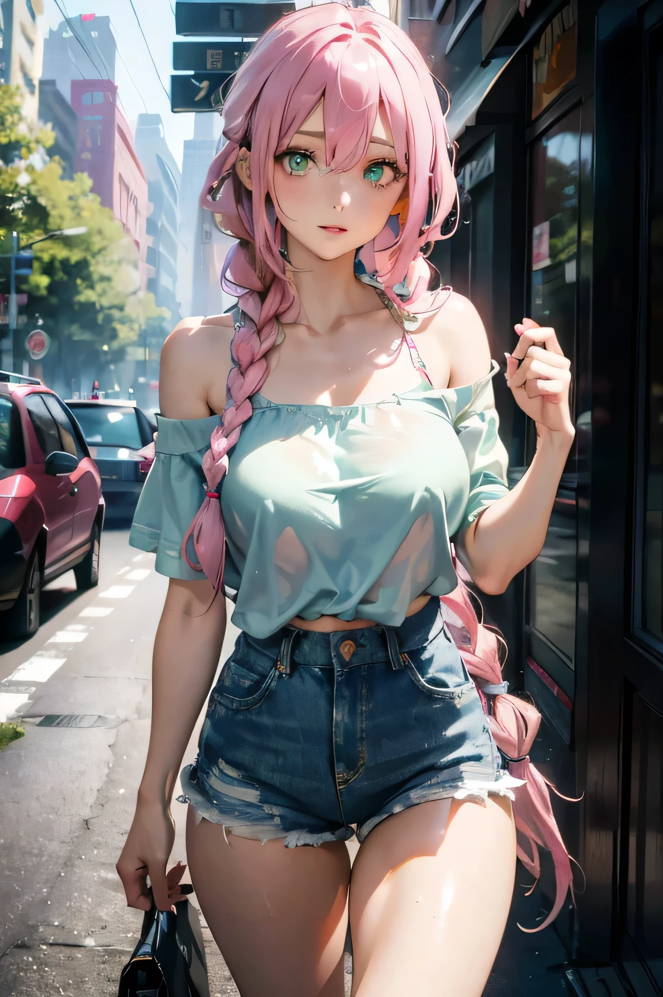 （（best quality，8K，masterpiece：1.4））， pink hair，Long braid on one side， Exterior，（ Bare lower chest，Plain white off-the-shoulder extra-short top），huge breasts，tight ripped denim shorts， green eyes