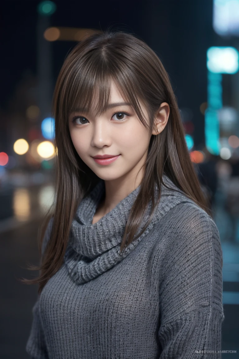 1 Japanese girl,(Dark Gray Sweater:1.4),(He has a big scarf around his neck:1.2), (RAW Photos, Highest quality), (Realistic, Realistic:1.4), Tabletop, Very delicate and beautiful, Very detailed, 8k wallpaper, wonderful, In detail, Very detailedCG Unity, High resolution, Soft Light, A beautiful and smart 19-year-old girl, Very detailed目と顔, Beautiful and detailed nose, Beautiful attention to detail,Cinema Lighting,City lights at night,Perfect Anatomy,Slender body,smile  (My hair is messy, Asymmetrical bangs, Light brown hair,)