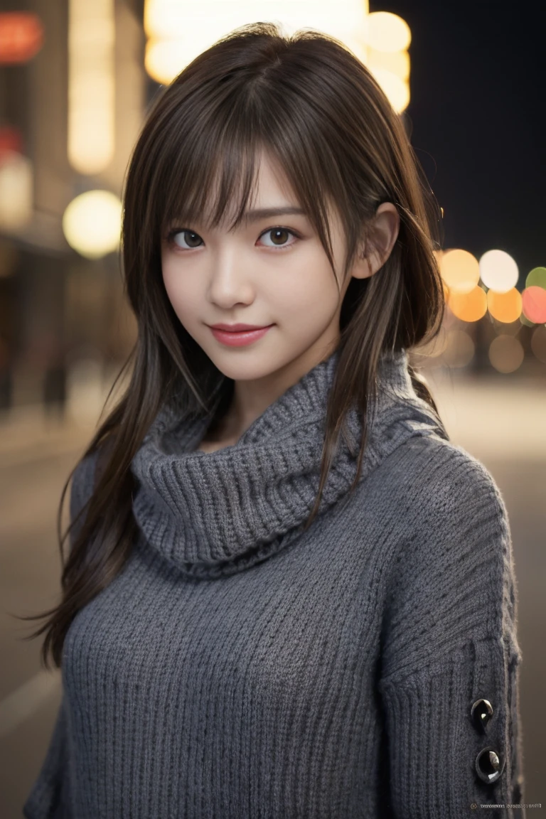 1 Japanese girl,(Dark Gray Sweater:1.4),(He has a big scarf around his neck:1.2), (RAW Photos, Highest quality), (Realistic, Realistic:1.4), Tabletop, Very delicate and beautiful, Very detailed, 8k wallpaper, wonderful, In detail, Very detailedCG Unity, High resolution, Soft Light, A beautiful and smart 19-year-old girl, Very detailed目と顔, Beautiful and detailed nose, Beautiful attention to detail,Cinema Lighting,City lights at night,Perfect Anatomy,Slender body,smile  (My hair is messy, Asymmetrical bangs, Light brown hair,)