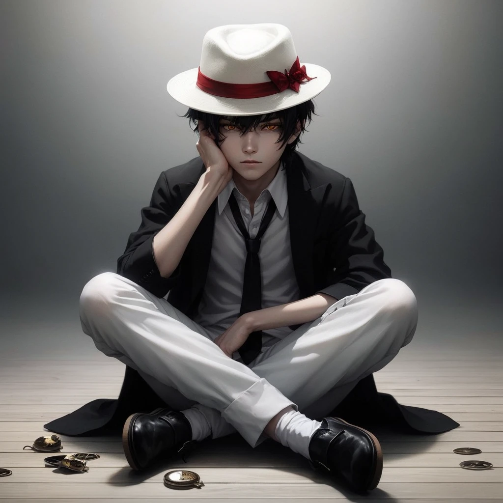 anime avatar, 16 years old, boy, black hair, glowing demonic yellow eyes, very pale, demonic aura, stunning anime face portrait, detailed anime soft face, anime style
