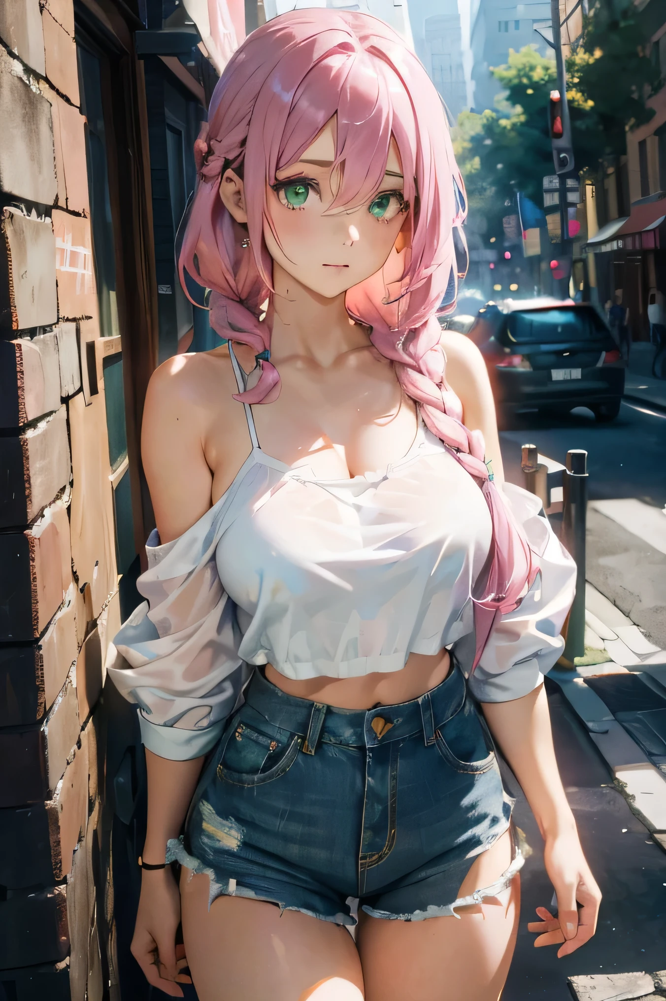 ((best quality,8K,masterpiece:1.4)), pink hair,Long braid on one side, Exterior,( Bare lower chest,Plain white off-the-shoulder extra-short top),huge breasts,tight ripped denim shorts, green eyes