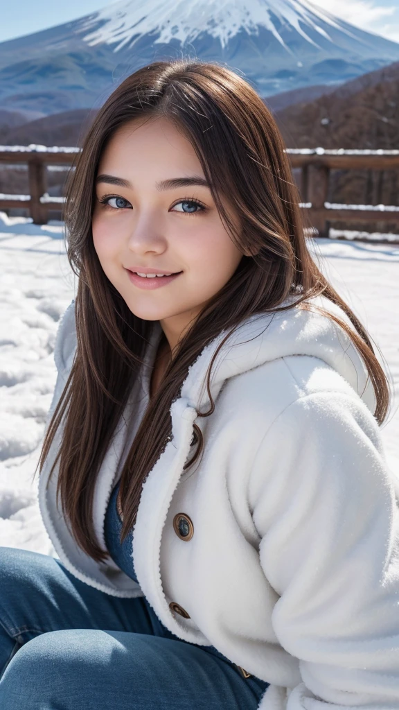 ultra realistic 1 Slightly curvy europe ager girl, 16 and 17 yp brown hair, cute face, white skin, soft blue eyes, soft smile, bombshell , curvy body, Plump figure, curvy breasts, Best Quality, a beautiful sixteen year old scandinavian girl in Fuji-Hakone-Izu National Park Japan, braless, beautiful perfect detailed face, smiling innocently, long hair, wearing warm white furry jacket, jeans, There is winter, stand, emphasizing on curvy breasts, detailed eyes and lips, dynamic poses, Portrait, close-up photo of face, In Fuji-Hakone-Izu National Park Japan, snow day, snow on the ground, Mount Fuji background, Mount Fuj , 35mm lens, best image quality, master piece, HDR, Depth of field, background blur, looking intensely at the viewer, photorealistic, highly detailed, 8k, masterpiece, Zoom in, Close up face, camera from side