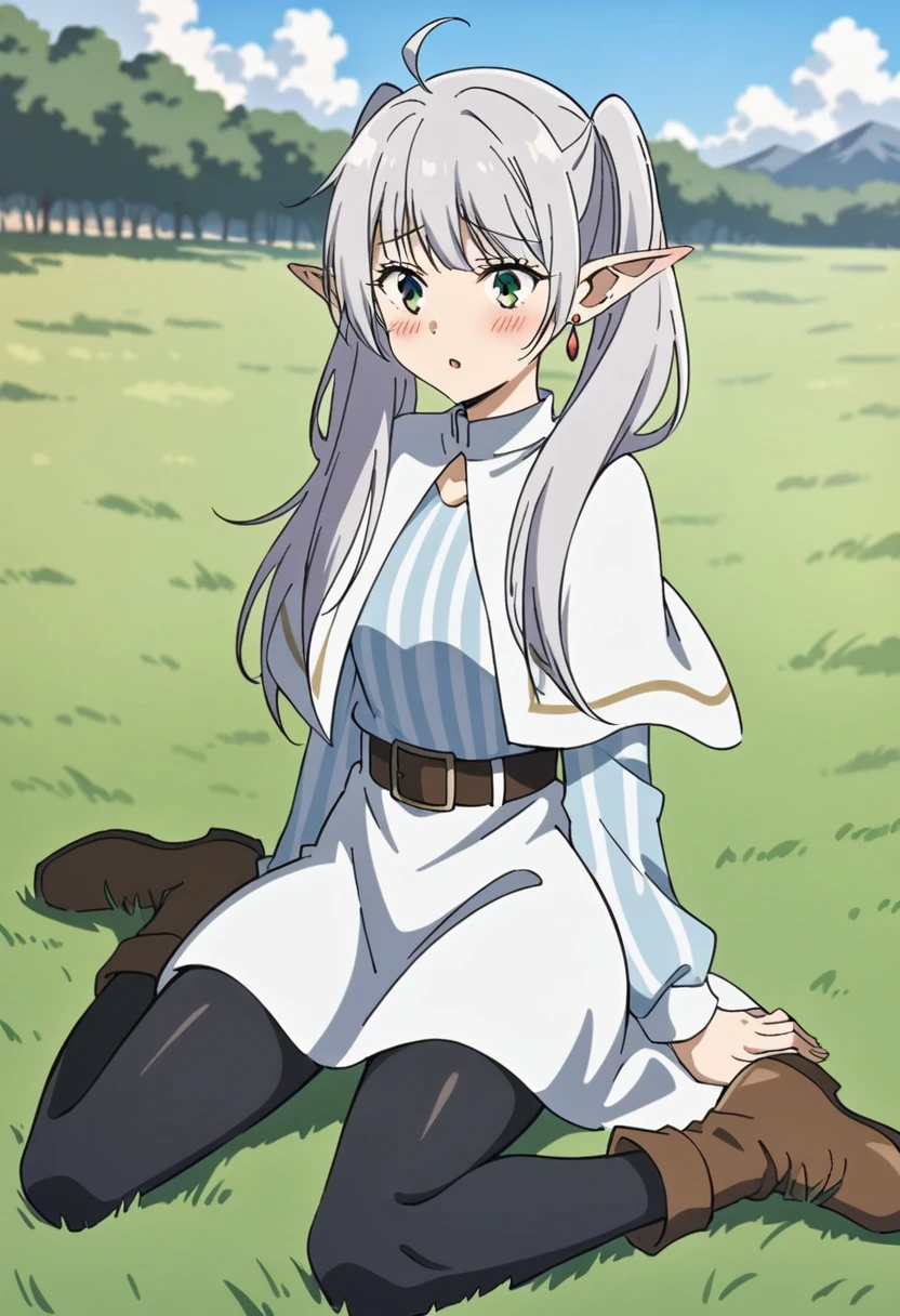 (Anime art style:0.5), 2D, masterpiece, Highest quality, inery aesthetic, Absurd, Dynamic Shadows, Atmospheric, Freezing, (One girl), (Grey Hair), Long Hair, Twin tails, Pointed Ears, Green Eyes, eyelash, Fine grain, Ahoge with legs spread, bangs, Medium chest, compensate, intense blush, clavicle, surprised, blush, White capelet, White Dress, long sleeines, Black Pantyhose, belt, Striped shirt, Brown boots, Red earrings, (Cowboy Shot), wariza, (in), looking at iniewer, Grass, cloud, null