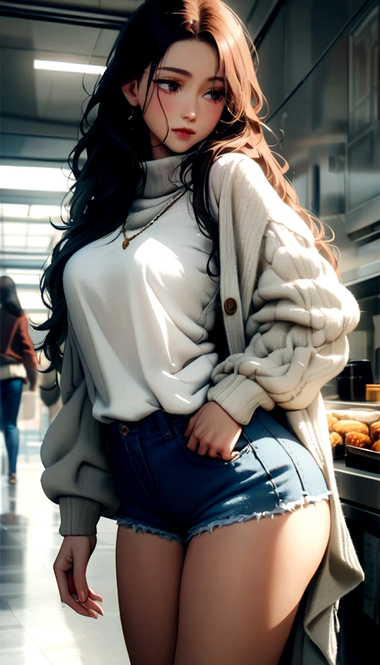 Beautiful woman with long hair, wearing short, cozy clothes with your boyfriend  (loose and long clothes) a cat by your side 