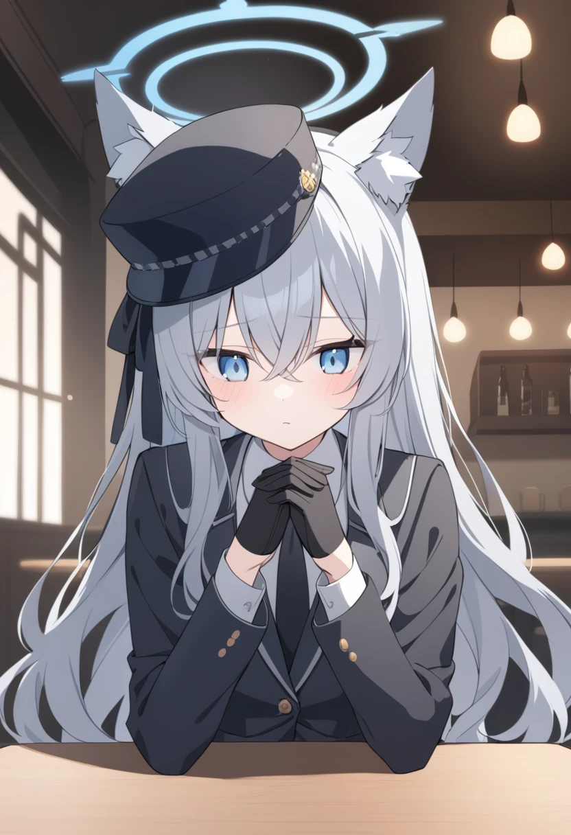 girl，Silver long hair, blue eyes, Wearing a black suit,Black gloves, and black trousers, Sitting in the restaurant，Leisurely expression, blue halo，Black British hat，Gray wolf ears，Black tie，Cross your hands and put them on the table