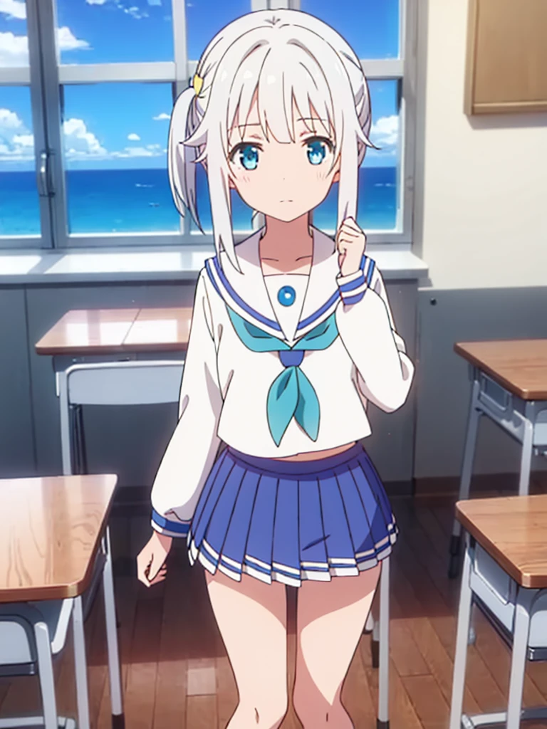 (masterpiece), classroom, 1girl, medium hair, white hair, (aqua eyes:1.2), (white sailor collar:1.2), serafuku, white skirt, pleated skirt nsfw show panties open legs