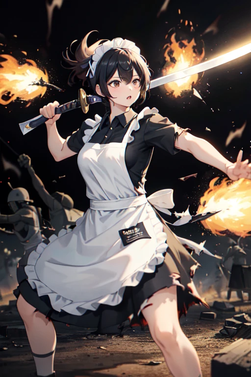 ((Highest quality:1.6)), ((Ultra-high resolution:1.6)), ((masterpiece)), (detailed:1.4), girl, cute, strong, Small breasts, ぼろぼろになりながらFighting with a two-handed sword, (black and white maid outfit, Headband, ribbon, White apron, Long, Short sleeve), (Damage to clothing:1.4), scratch, (The apron is torn:1.4), (Damage to the apron:1.4), (Ripped garments), Fighting with a two-handed sword, Swordsmanship, 剣の斬撃によるscratch, Hit, Dynamic pose, Stance, Combat Ready, 腰Damage to the apron, Burning Battlefield, (Severe dirt all over the body:1.2),