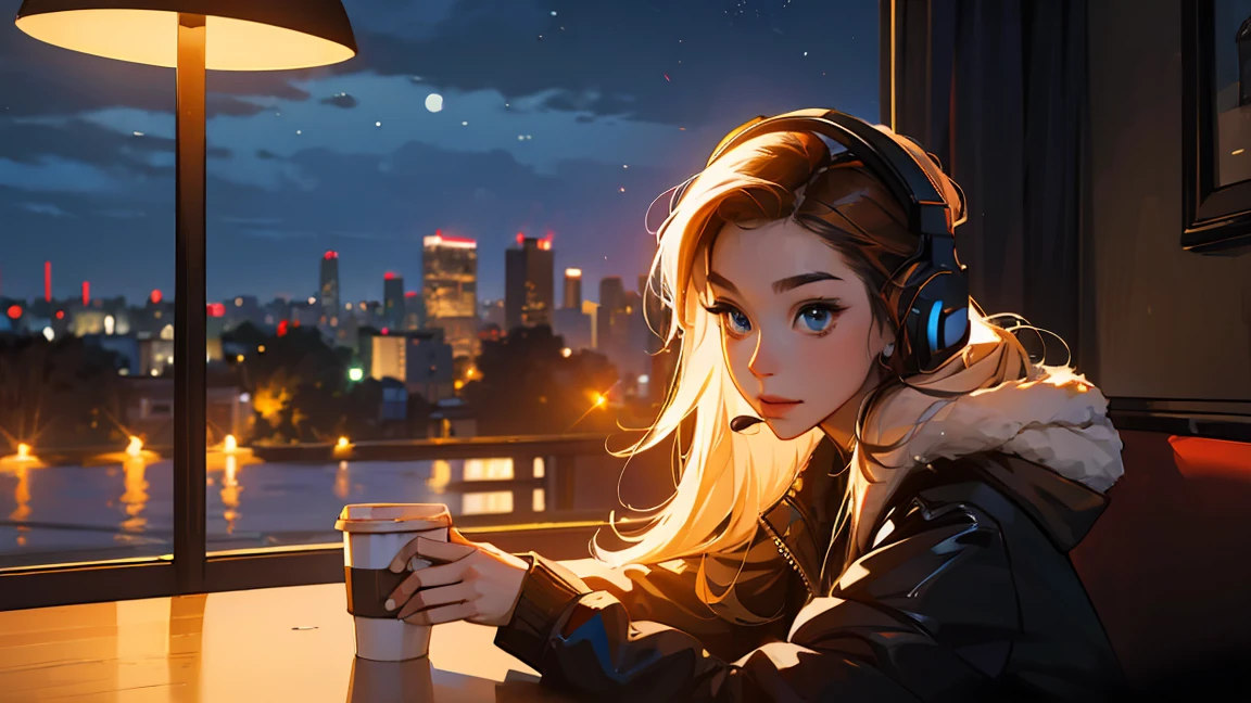 ((masterpiece)),(((bestquality))),((ultra-detailed)) realisticlying, 1 girl, Beautiful, wearing headphones, enjoying hot coffee  solo,  Late Night Cafe, looking to viewer, city.