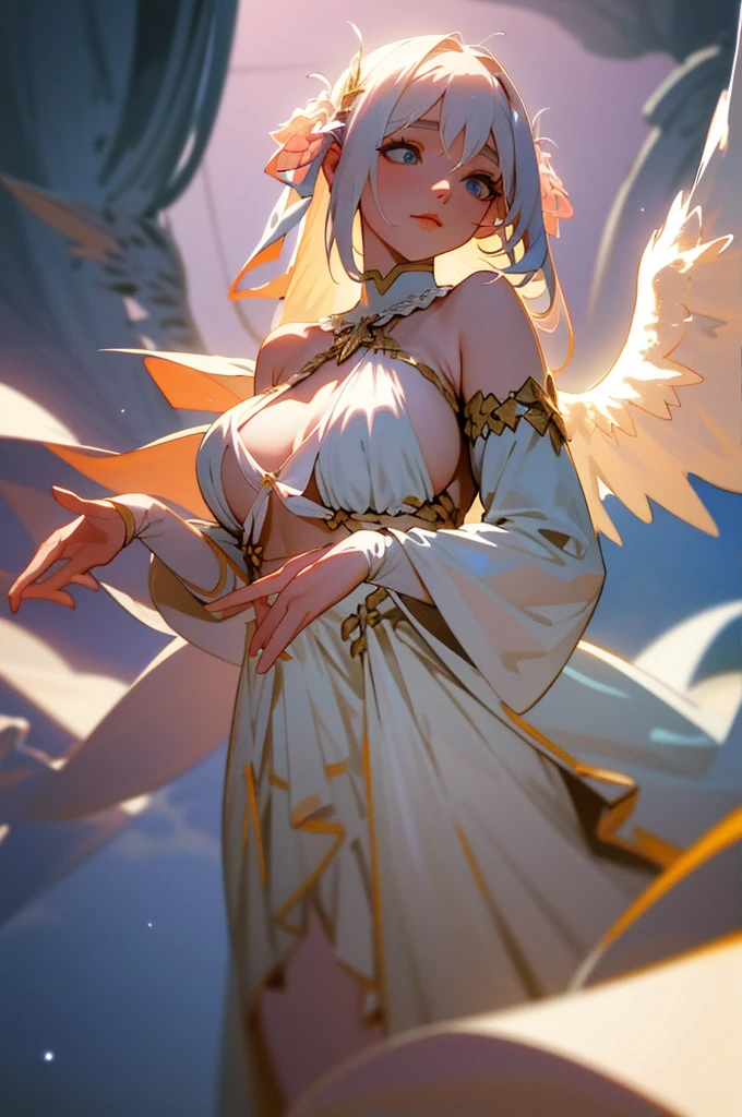 (very delicate, Masterpiece, Excellent lighting and shadows, HD wallpaper 8K), woman, 25 years old, goddess, Greek, white angel wings, big wings, conjunctivitis, Big eyes, white hair, long straight hair, plump lips, pink cheeks, สวมชุดเทพGreek, The fabric is long and flowing.., white dress, Among the clouds, star, at night