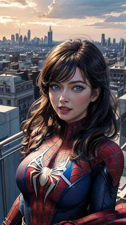 Highest quality、8K、One Woman、front、The whole body is shown、Wearing a Spider-Man suit、Real Face、bionde、blue eyes、beautiful、20Beautiful woman in her thirties、Looking at the city from the rooftop of a building