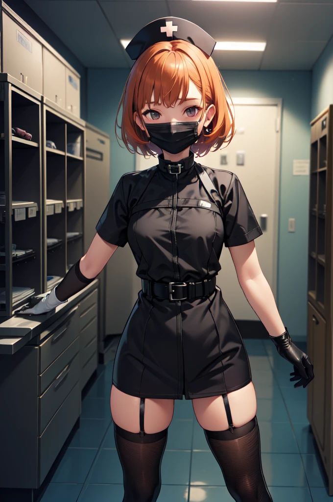 black nurse, 1girl, solo, black nurse cap, black nurse uniform, ((black legwear, zettai ryouiki)), black elbow gloves, very short hair, orange hair, ((black surgical mask, covered nose)), standing, ((surgery room)), sharp outline, short sleeves, tomboy, boyish, best quality, masterpiece