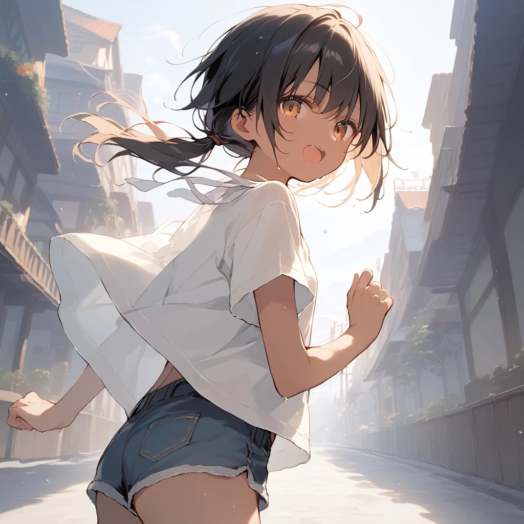 score_9, score_8_up, score_7_up, source_anime, best quality, masterpiece, official art, absurdres, highres, ultra-detailed,waifu2x,Collection: Slice of Life,break,1girl, tomboy, dark-skinned female, short hair, low ponytail, flat chest, beautiful detailed eyes, short shorts, sweat, open mouth, (yawn:0.3), sleepily, outdoors, wind,break,(clear line illustration:1.2), super detailed skin,very high resolution, very aesthetic, Best sexual lighting powered by famous artist, 8k,cute picture,beauty illustration,photoshop_(medium),,(Detailed Lighting),best anime 8k konachan wallpaper, pixiv contest winner,