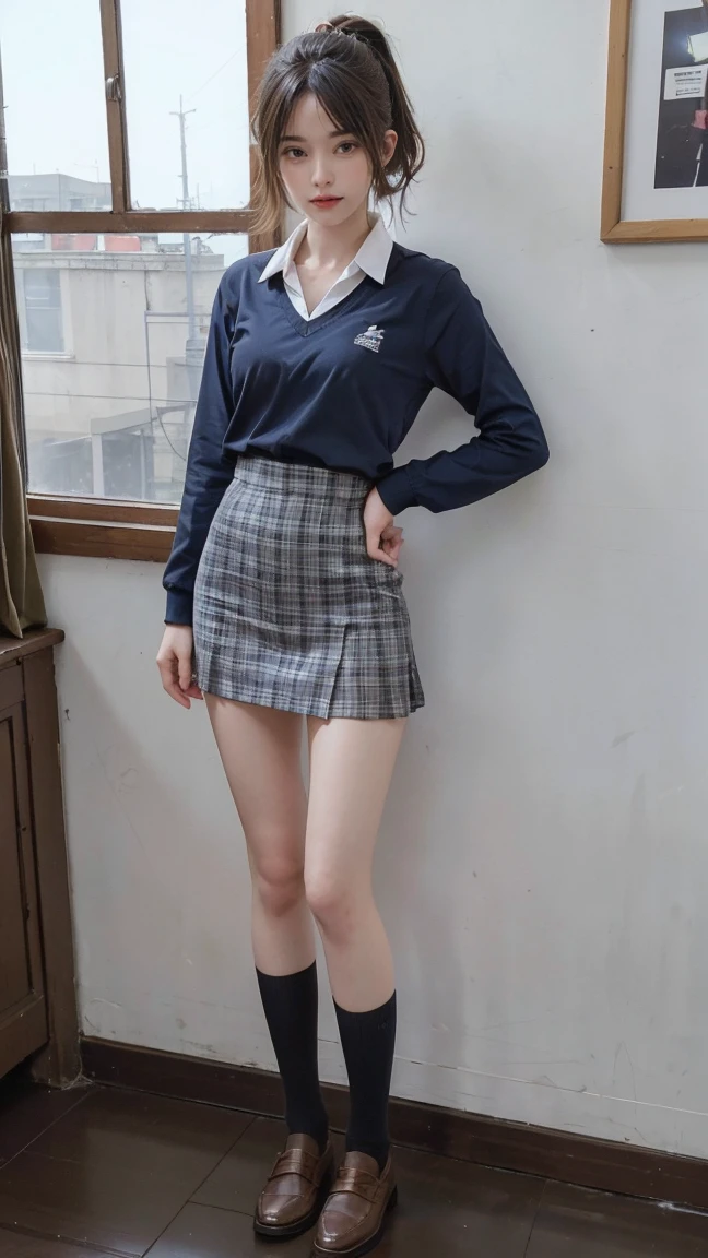 ((masterpiece)),(((Highest quality))),((A full-body shot of a girl from floor height:1.3)),((Photograph the whole body from knee height:1.5)),Stand with your legs aligned,Thin thighs,Long legs,Girl standing in a school classroom,Micro Mini Skirt Uniform,tall,Japanese high school girls wearing summer uniforms,Wearing a red checked tie,Wearing a short-sleeved white shirt,The bra is clearly visible through the fabric,Blue plaid skirt,,bangs,A small smile,pretty girl,Slender girl,Black Loafers,Short navy blue socks,cute,cute,Black hair ponytail,Thin legs,Slim model body shape,Very small waist,Small hips,Long legs,long thighs,Thin thighs,Thin hands,Long hands