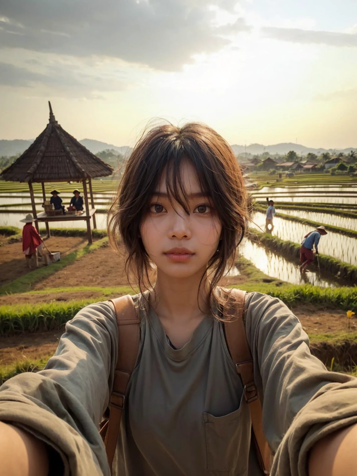 Realistic selfie photo of a 18-year-old Indonesian girl with messy hair, wearing a long-sleeve shirt, carrying a shoulder bag. The background features a rural rice field with people plowing, a gazebo for resting, scarecrows, and village at distance. The sky is clear, it's a bright morning in Indonesia. UHD. Masterpiece.