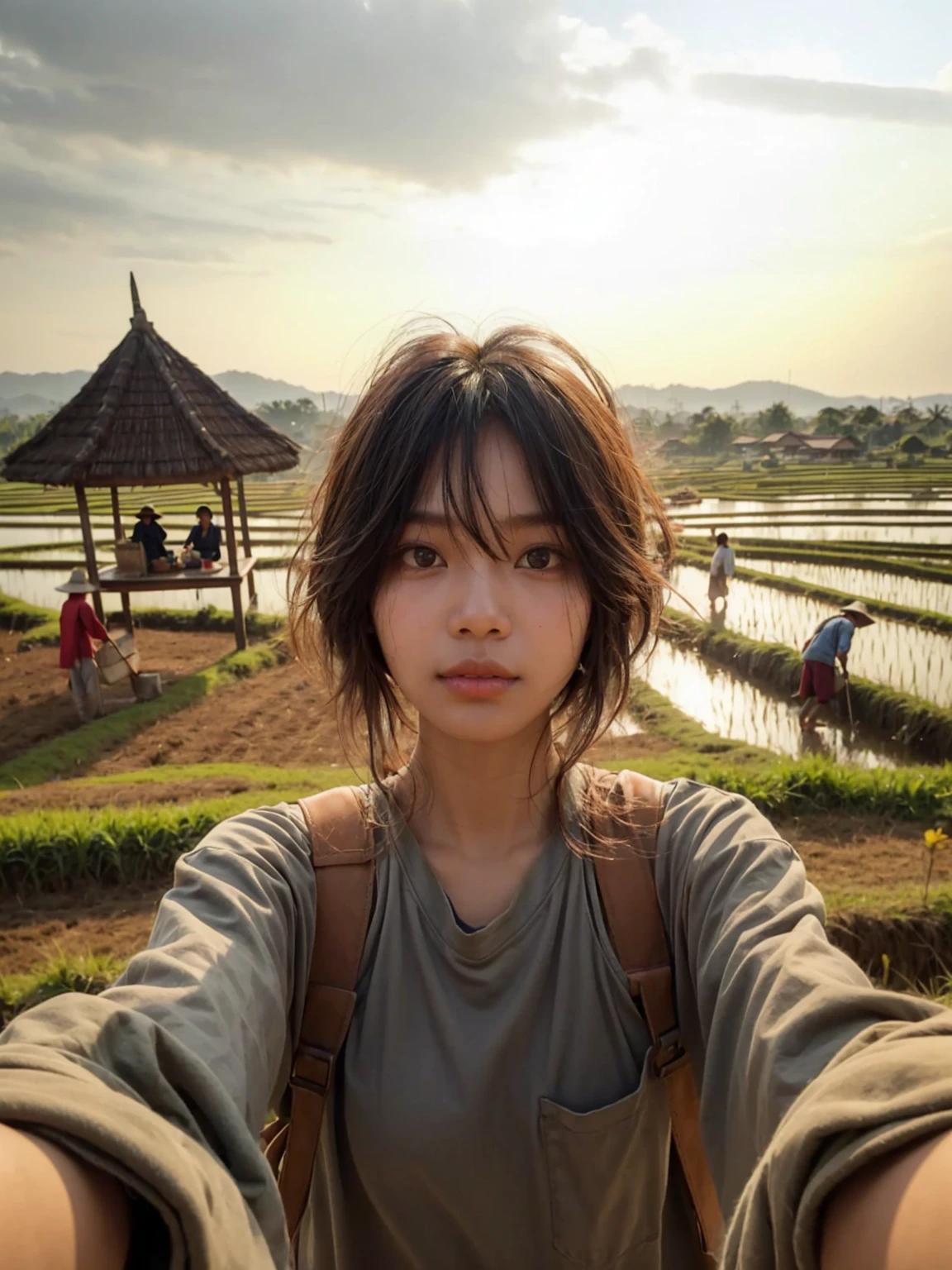 Realistic selfie photo of a 18-year-old Indonesian girl with messy hair, wearing a long-sleeve shirt, carrying a shoulder bag. The background features a rural rice field with people plowing, a gazebo for resting, scarecrows, and village at distance. The sky is clear, it's a bright morning in Indonesia. UHD. Masterpiece.