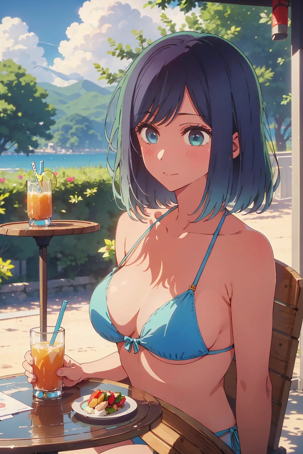 (Highest quality:1.4、masterpiece:1.4、Super detailed:1.4、8K:1.4)、((((1 person、Surprised expression、sit、Outdoor café terrace、coastal、juice、table、Sandy Beach、juiceのグラスを持つ、Plain Bikini、Very soft boobs、Big eyes、Very cute face))))、F cup bust、Medium breast