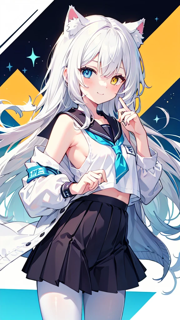 Sailor Suit，White pantyhose，White hair，Long hair，Cat ear，Heterochromia（Left blue right yellow），Smile，female face，There are bright spots in the eyes，Female hands，White little hands，Normal fingers，flat chest