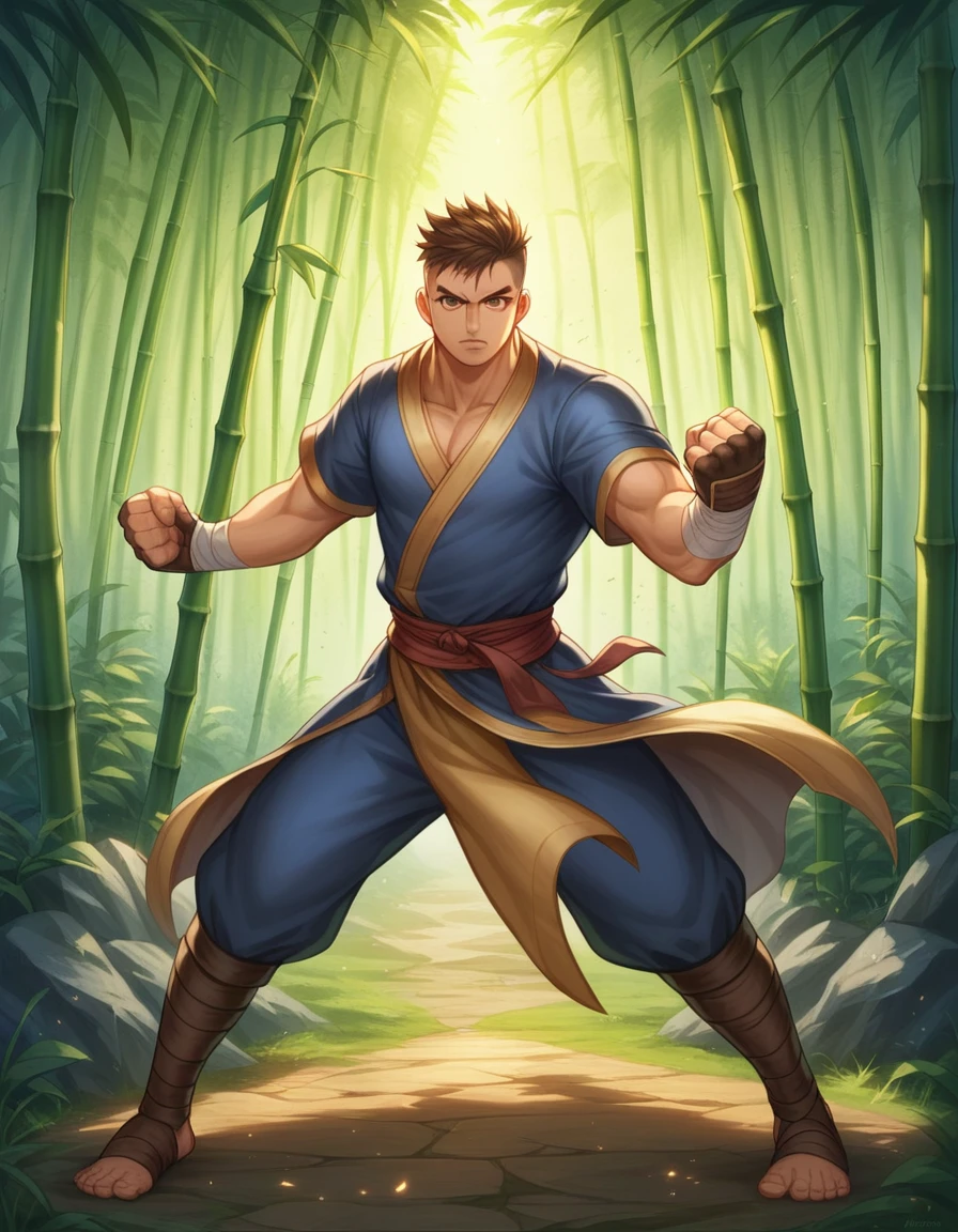 (absurdres, highres, ultra detailed), 1 male, mature, aged up, handsome, tall muscular guy, broad shoulders, very short hair, undercut, dark brown eyes, finely detailed eyes and detailed face, extremely detailed CG unity 8k wallpaper, intricate details, (style-swirlmagic:0.7), looking at viewer, solo, (full body:0.6), detailed background, detailed face, (european medieval fantasy theme:1.1), hair flowing in the wind, martial artist, dynamic pose, fighting stance, clenched fist, fingerless gloves, wristwraps, dragon themed clothes, monk robes, bamboo forest in background, swirling floating particles, dynamic composition, mystical eastern medieval atmosphere,