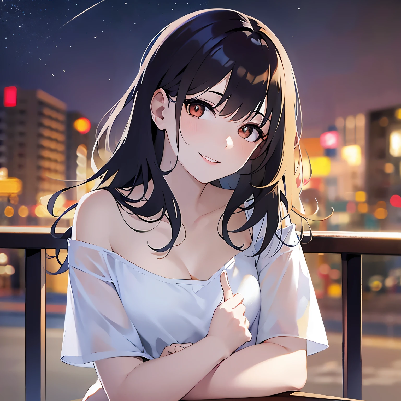 lookin at viewer,full Body, Looking up、head tilt、
Realistic, real person, (pale skin: 1.2), RAW photo, photorealistic, shiny skin, shiny hair、
(A 25-year-old woman with bob hair and bangs) and (wavy hair) and (brown hair) and (Orange Eyes)、(white) and (T-Shirts)、Cleavage、
smile,Midnight in the Park、Night Sky