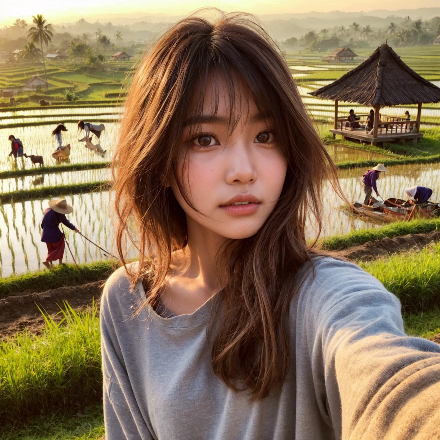 Realistic selfie photo of a 18-year-old Indonesian girl with messy hair, wearing a long-sleeve shirt, carrying a shoulder bag. The background features a rural rice field with people plowing, a gazebo for resting, scarecrows, and village at distance. The sky is clear, it's a bright morning in Indonesia. UHD. Masterpiece.