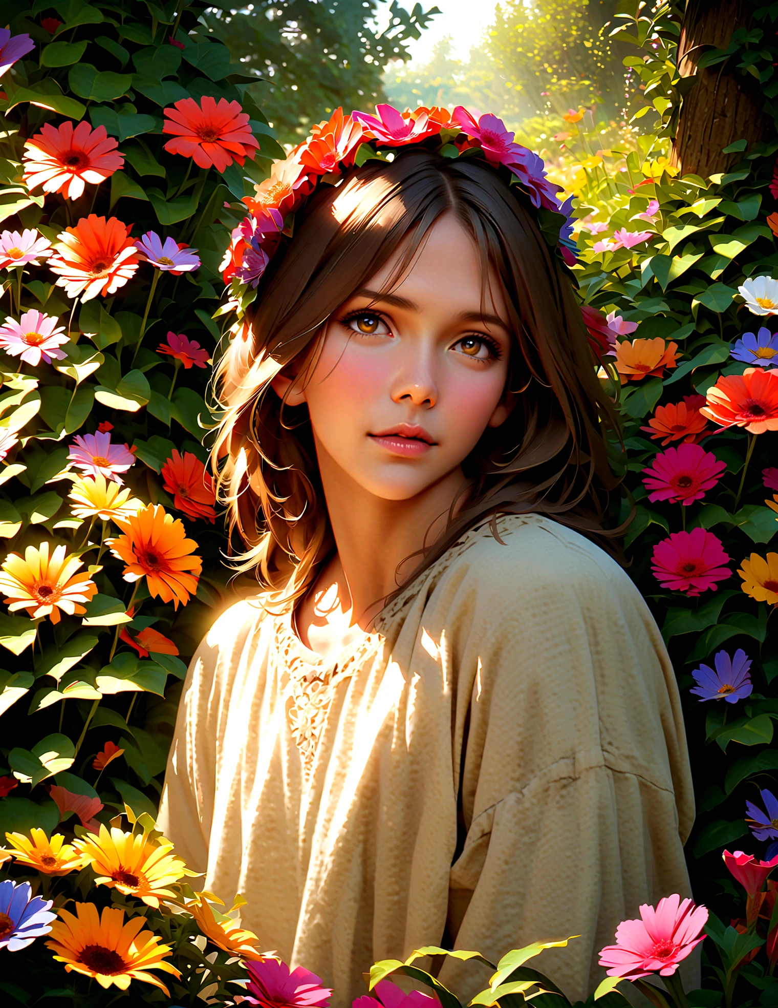 "Generate a realistic depiction of Jesus in a garden, with colorful flowers around and soft light illuminating your face." high definition image, high detail and photorealism style. Image with at least 300 dpi, UHD 8k