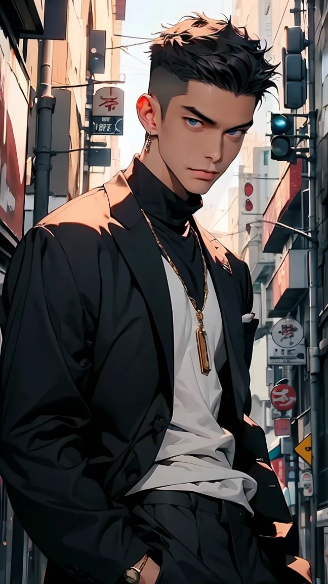 highest quality, 8K, high resolution image, anime style Jujutsu Kaisen, detailed strokes, slightly tanned skin, blurry, purple light reflecting from it, (close angle), 1 man, young, male, model, cool guy, muscular, blue Eyes, brown very short hair, brown hair, short hair, hairstyle: undercut, swollen chest, he is wearing a T-shirt under a suit jacket and sweatpants, hand in trouser pocket, gold link chain, background: city, Tokyo, business district