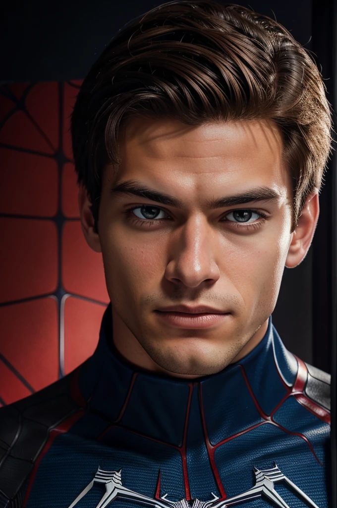A photograph of spider man, no mask, 20 yo, handsome, detailed face, looking at camera, portrait, 8k uhd, high quality