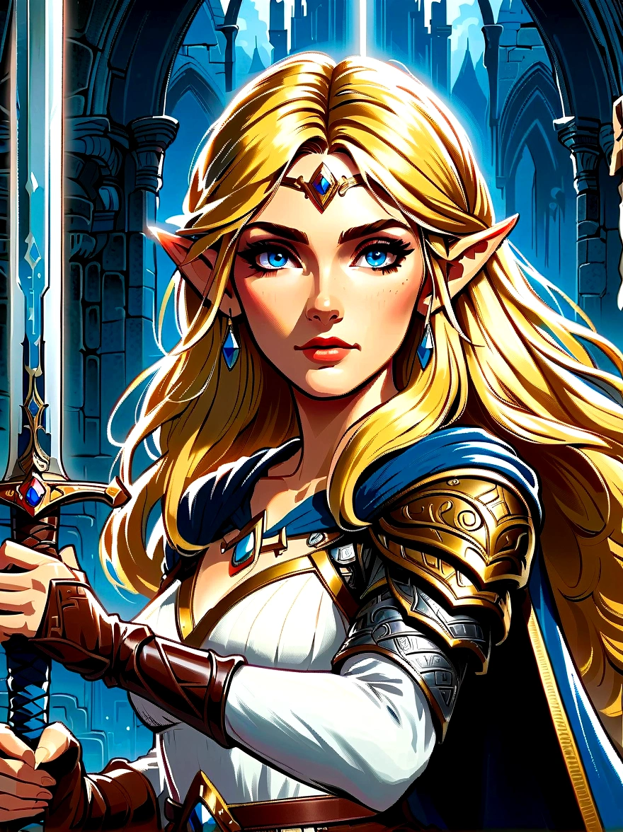 (best quality，8K，Ultra-high resolution，masterpiece)，very good，illustration，Princess Zelda，blonde，Blue Eyes，Holding a long sword