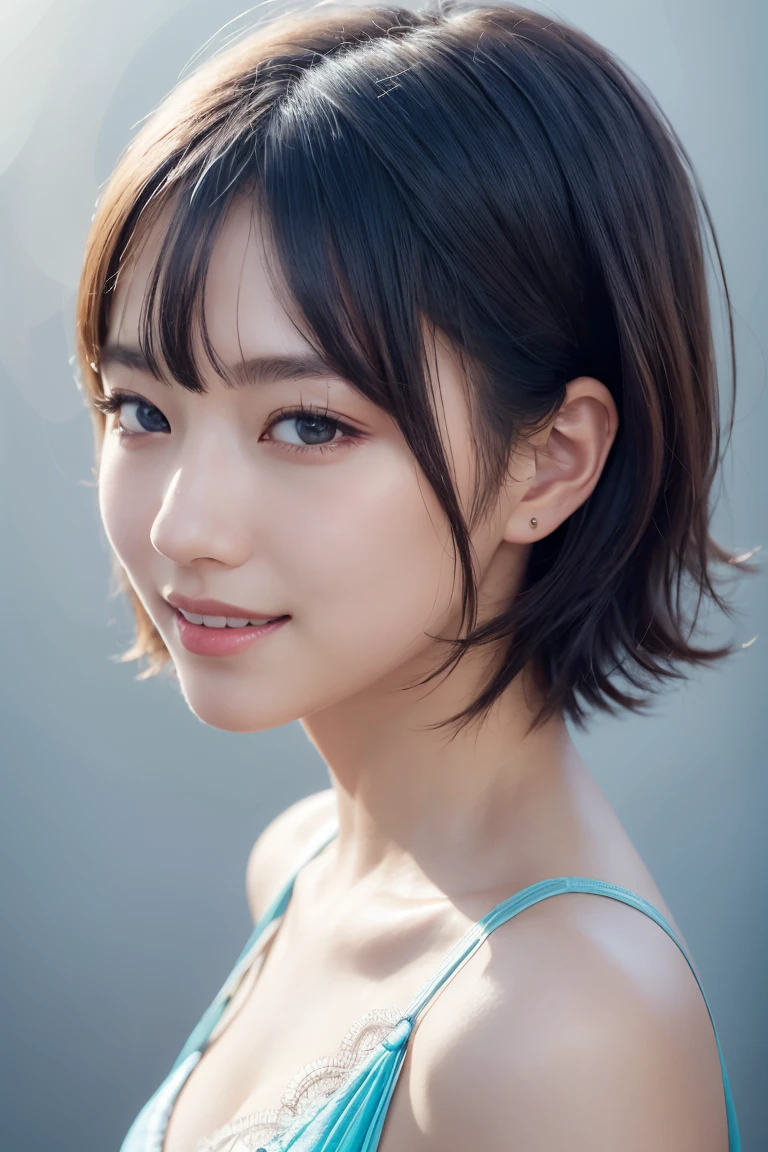 1 girl, (Wearing colorful stage costumes:1.2), Very beautiful Japanese idol portraits, Face close-up, (RAW Photos, highest quality), (Realistic, Realistic:1.4), (masterpiece), Very delicate and beautiful, Very detailed, 2k wallpaper, wonderful, finely, Very detailed CG Unity 8K wallpaper, Very detailed, High resolution, Soft Light, Beautiful detailed girl, Very detailed目と顔, Beautiful and sophisticated nose, Finely beautiful eyes, Cinema Lighting, (Simple light color background:1.3), (short hair), (Bob), Complete Anatomy, Slender body, Small breasts, smile