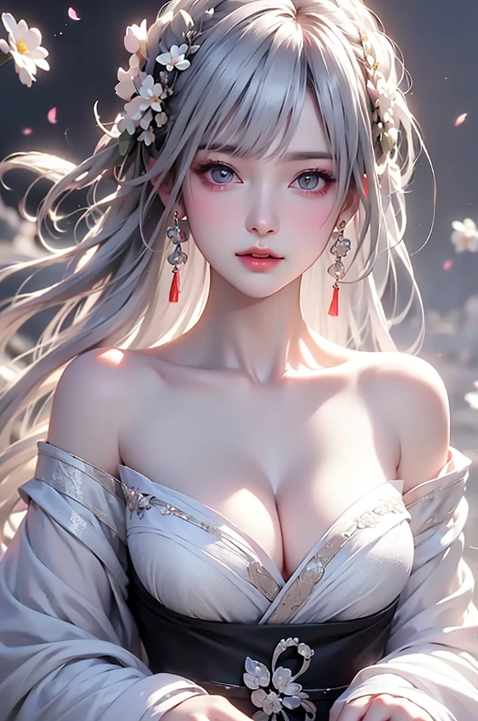 super high quality, masterpiece, Perfect illustration, Very detailed、8k wallpaper, Very detailed (Exquisite light and shadow, Very dramatic photo,Backlight) , ((Gray Hair:1.5))1 Girl, alone, (Wearing Han clothes, Royalty、Black and white Hanfu,Thick fabric,Long sleeve) Flower Field, Flowers, (White smoke:1.3) (Realistic:1.4), (Dynamic Angle: 1.4), Glowing Skin, (Floating colorful flashes: 1) The most beautiful chaotic shapes, elegant, Brutalist Design, Bright colors, Romantic Depth of Field Exotic_dance, half_naked、((Off the shoulder、Medium Chest、Beautiful cleavage))