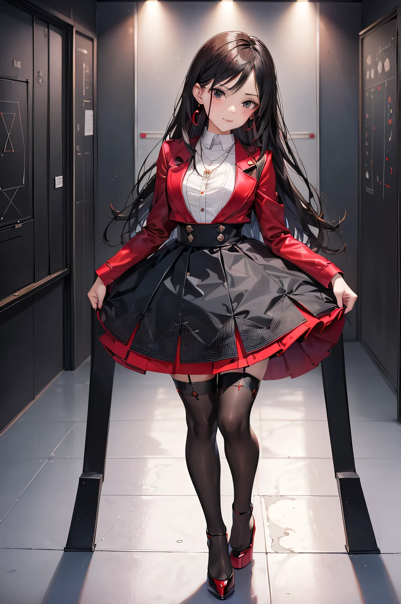 ((Biologically correct limb count)),(( From head to toe,Full-body photo including face)),4K,((Standing position)),masterpiece,((Focus on the face)),((Symmetrical facial features)),Eyes with detailed description,Beautiful woman,Great style,Beautiful arms,Beautiful legs,Beautiful Hands,(Small ,Thin thighs),Facial detailing,Small earrings,necklace,(Red and black patent leather blazer,Checked mini skirt((Black high heels,Black patterned stockings))),((Taking a class in a school classroom)),,Realistic photo,Stand at an angle,Low angle photo