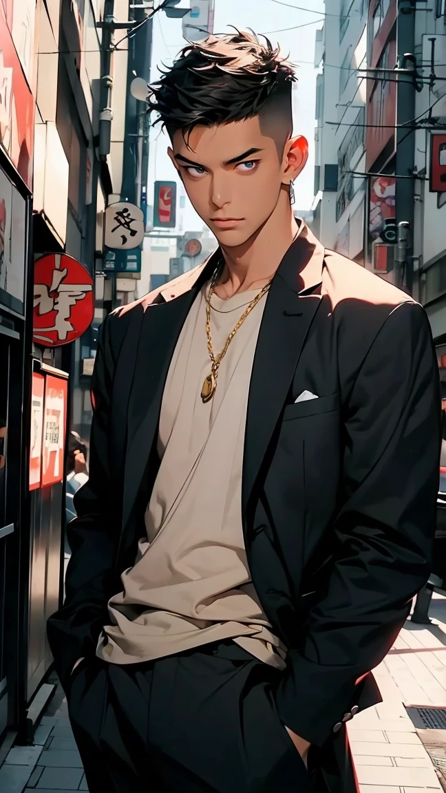highest quality, 8K, high resolution image, anime style Jujutsu Kaisen, detailed strokes, slightly tanned skin, blurry, purple light reflecting from it, (close angle), 1 man, young, male, model, cool guy, muscular, blue Eyes, brown very short hair, brown hair, short hair, hairstyle: undercut, swollen chest, he is wearing a T-shirt under a suit jacket and sweatpants, hand in trouser pocket, gold link chain, background: city, Tokyo, business district